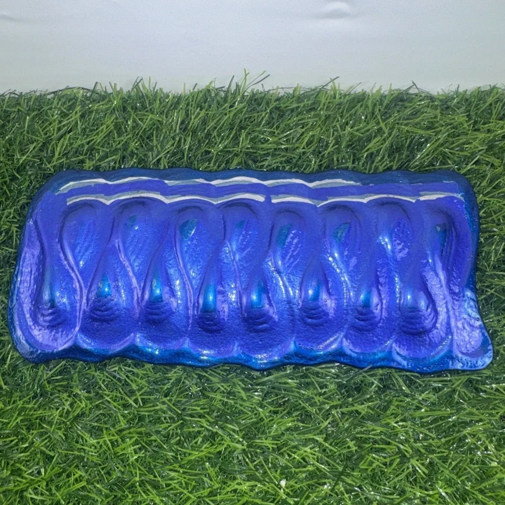 Fused Art Glass Ribbon Candy Tray Blue Magenta Silver Christmas Candy Dish Set